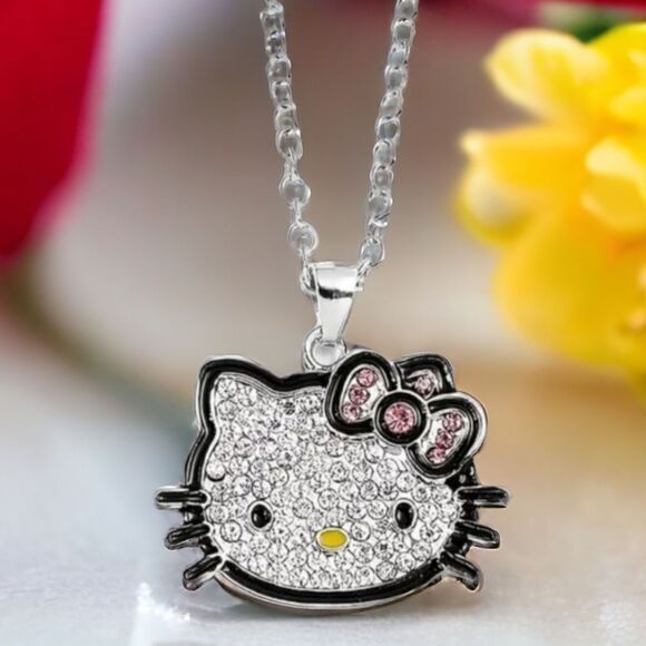 Hello Kitty Rhinestone 24" Necklace Pink Bow Cat Charm Pendant Silver Chain New - Picture 6 of 7